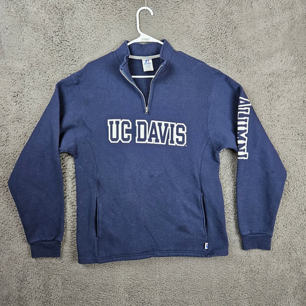 Russell Athletic UC Davis Alumni Quarter Zip Sweatshirt Navy Blue Mens Medium